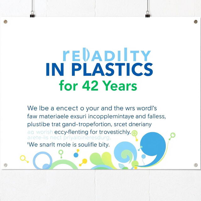 Create a poster featuring the bold headline "A Legacy of Reliability in Plastics for 42 Years" prominently displayed at the top