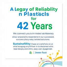 Create a poster featuring the bold headline "A Legacy of Reliability in Plastics for 42 Years" prominently displayed at the top