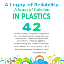 Create a poster featuring the bold headline "A Legacy of Reliability in Plastics for 42 Years" prominently displayed at the top