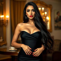 A stunning Spanish woman around 32 years old with long, flowing black hair