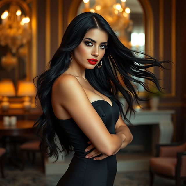 A stunning Spanish woman around 32 years old with long, flowing black hair