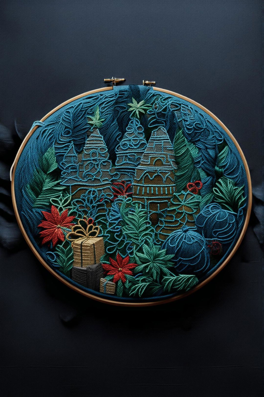 This digital art showcases a luxurious Christmas-themed embroidery hoop