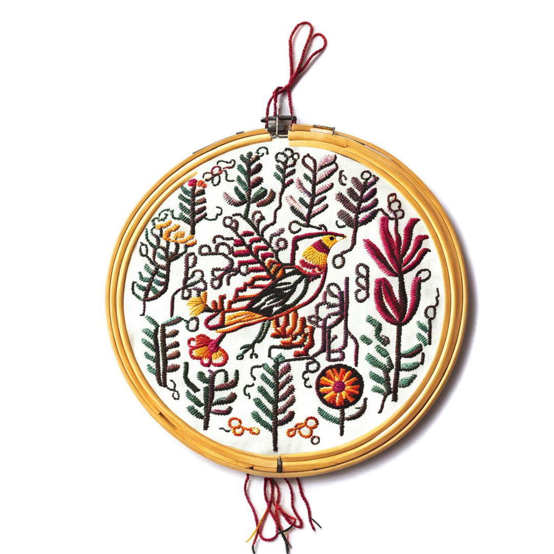 A high-definition image that features another traditional Otomi embroidery on an embroidery hoop