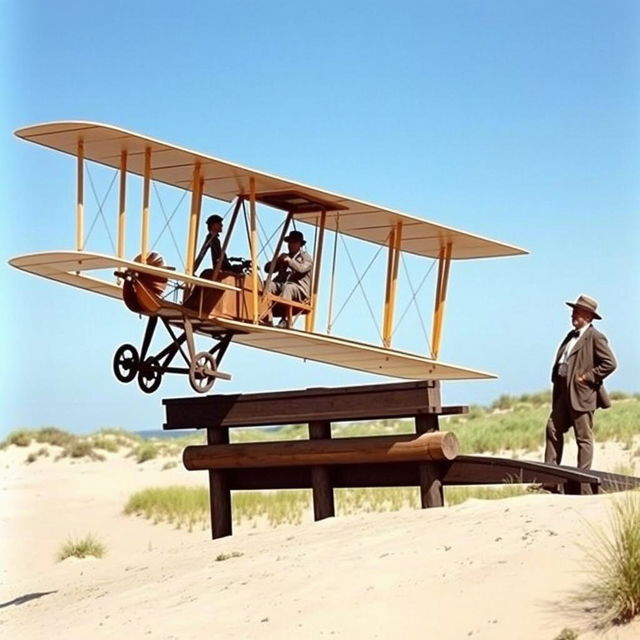 The Wright Flyer biplane taking off from a wooden launch rail in 1903, piloted by Orville Wright with a determined expression and wearing early aviation attire