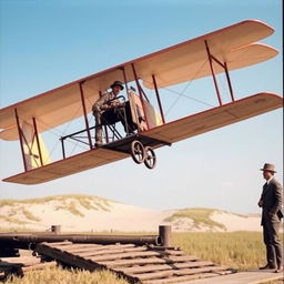 The Wright Flyer biplane taking off from a wooden launch rail in 1903, piloted by Orville Wright with a determined expression and wearing early aviation attire
