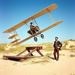 The Wright Flyer biplane taking off from a wooden launch rail in 1903, piloted by Orville Wright with a determined expression and wearing early aviation attire