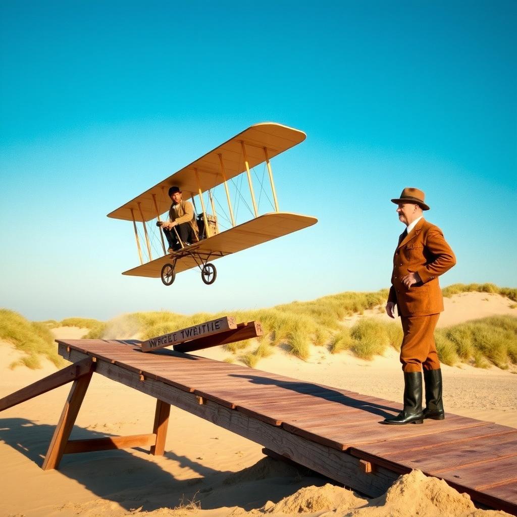 The Wright Flyer biplane taking off from a wooden launch rail in 1903, piloted by Orville Wright with a determined expression and wearing early aviation attire