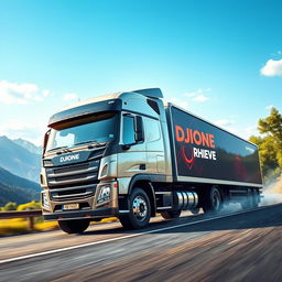 A vibrant and dynamic scene depicting a powerful truck from DJIONE RHIEVE hauling services, driving through a scenic landscape
