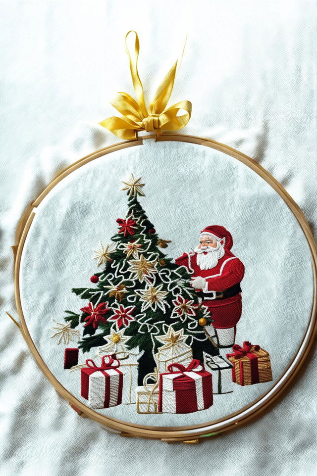 This digital art features a Christmas-themed embroidery hoop, showcasing a detailed scene of Santa Claus placing gifts under a beautifully decorated Christmas tree