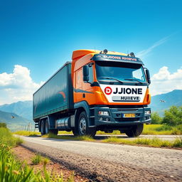 A vibrant and dynamic scene depicting a powerful truck from DJIONE RHIEVE hauling services, driving through a scenic landscape