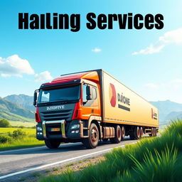 A vibrant and dynamic scene depicting a powerful truck from DJIONE RHIEVE hauling services, driving through a scenic landscape