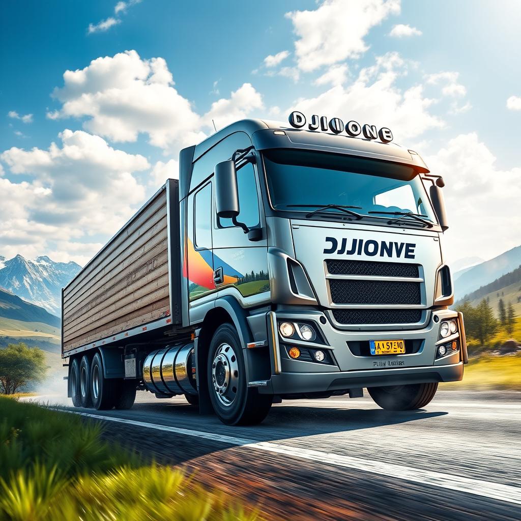 A vibrant and dynamic scene depicting a powerful truck from DJIONE RHIEVE hauling services, driving through a scenic landscape