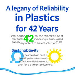 A poster featuring a striking headline that reads 'A Legacy of Reliability in Plastics for 42 Years' prominently displayed at the top