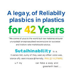 A poster featuring a striking headline that reads 'A Legacy of Reliability in Plastics for 42 Years' prominently displayed at the top