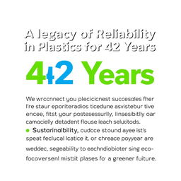 A poster featuring a striking headline that reads 'A Legacy of Reliability in Plastics for 42 Years' prominently displayed at the top