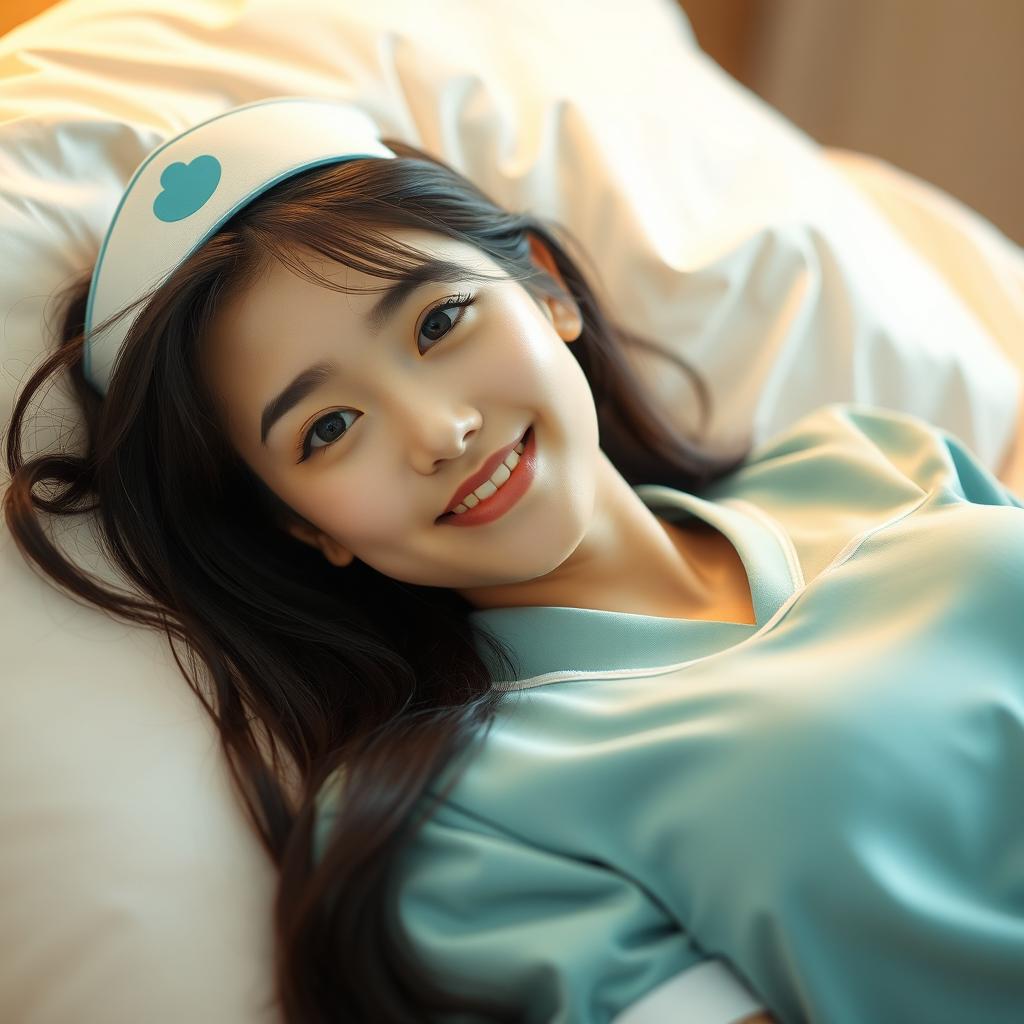 A cute and coy Asian nurse, styled in a playful manner, lying on a bed