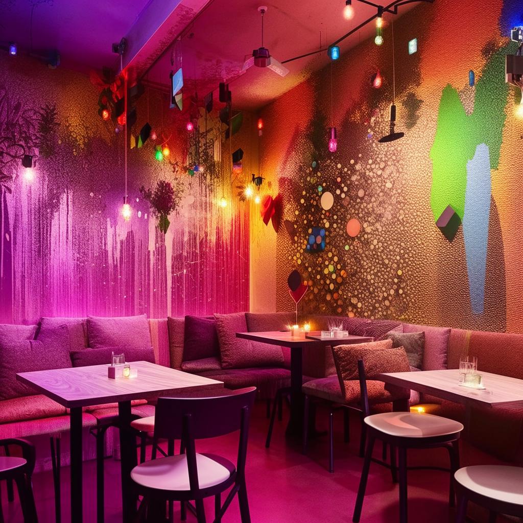 A modern, aesthetically pleasing restaurant featuring stylish decor, a unique dining space, and an Instagrammable selfie wall embellished with colorful murals, twinkling fairy lights, and trendy props.