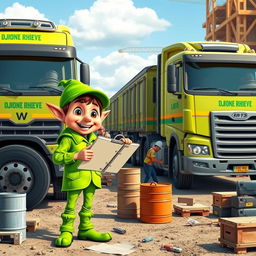 A vibrant scene depicting a DJIONE RHIEVE HAULING SERVICES elf character coordinating a fleet of 10 wheeler trucks in a bustling construction zone