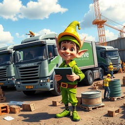 A vibrant scene depicting a DJIONE RHIEVE HAULING SERVICES elf character coordinating a fleet of 10 wheeler trucks in a bustling construction zone