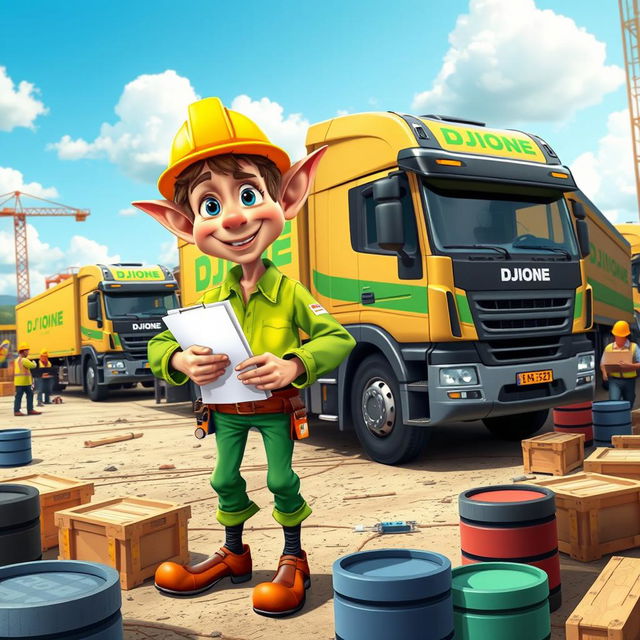 A vibrant scene depicting a DJIONE RHIEVE HAULING SERVICES elf character coordinating a fleet of 10 wheeler trucks in a bustling construction zone