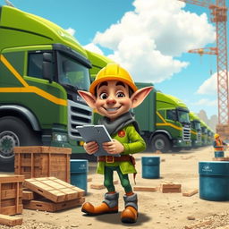 A vibrant scene depicting a DJIONE RHIEVE HAULING SERVICES elf character coordinating a fleet of 10 wheeler trucks in a bustling construction zone