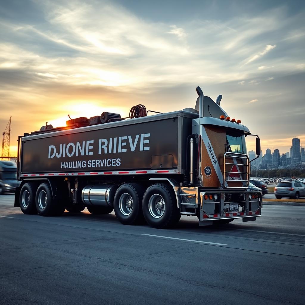 A large, powerful 10-wheeler truck branded with the name 'DJIONE RHIEVE HAULING SERVICES', parked in an industrial area