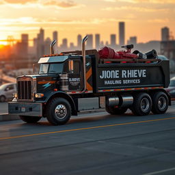 A large, powerful 10-wheeler truck branded with the name 'DJIONE RHIEVE HAULING SERVICES', parked in an industrial area
