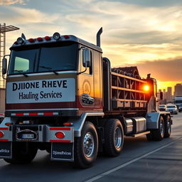 A large, powerful 10-wheeler truck branded with the name 'DJIONE RHIEVE HAULING SERVICES', parked in an industrial area