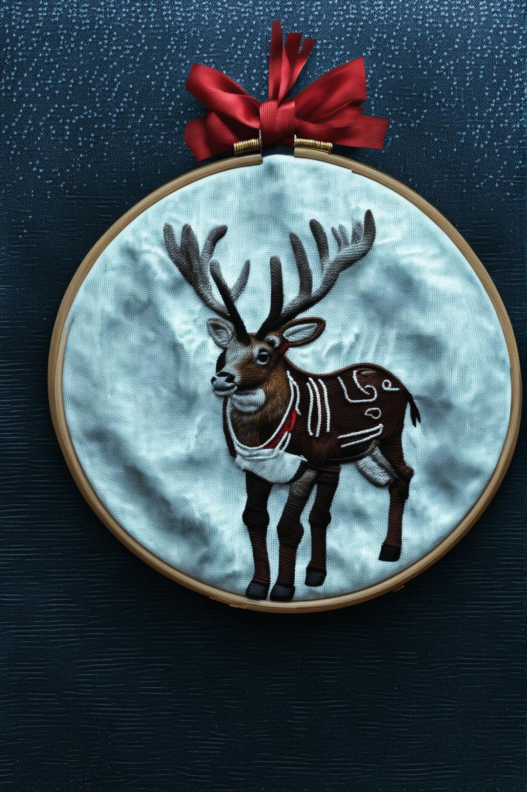 This digital art showcases a Christmas-themed embroidery hoop, featuring a majestic reindeer adorned with festive decorations