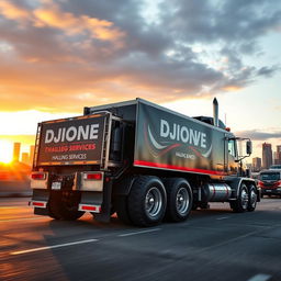 A large, powerful 10-wheeler truck branded with the name 'DJIONE RHIEVE HAULING SERVICES', parked in an industrial area