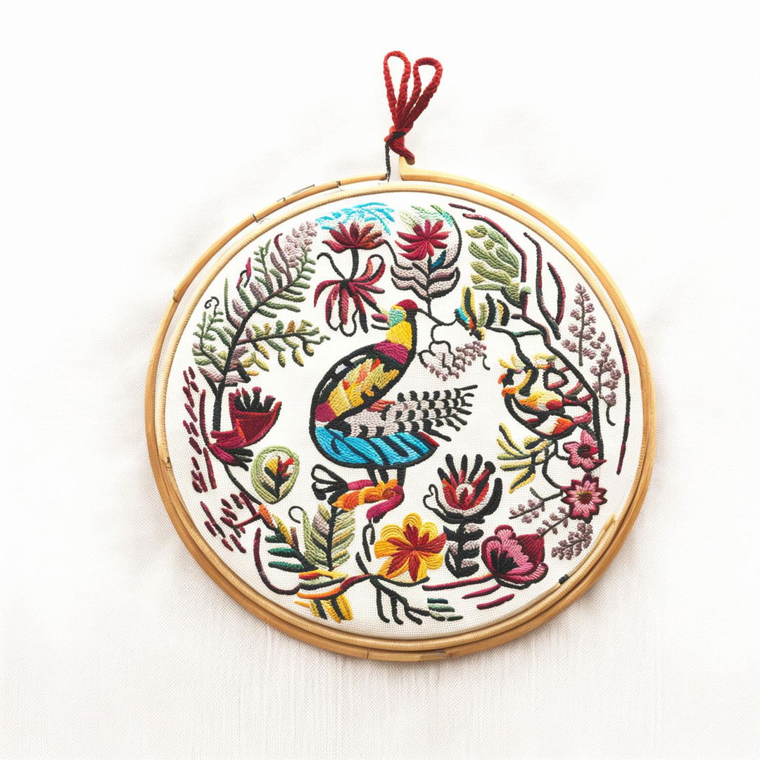 A high-definition image showcasing another traditional Otomi embroidery on an embroidery hoop