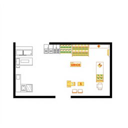 A detailed floor plan of a DMG Rice supply store, showcasing a layout that includes a cashier area and a stock room