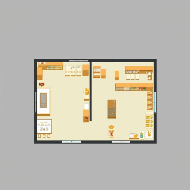 A detailed floor plan of a DMG Rice supply store, showcasing a layout that includes a cashier area and a stock room