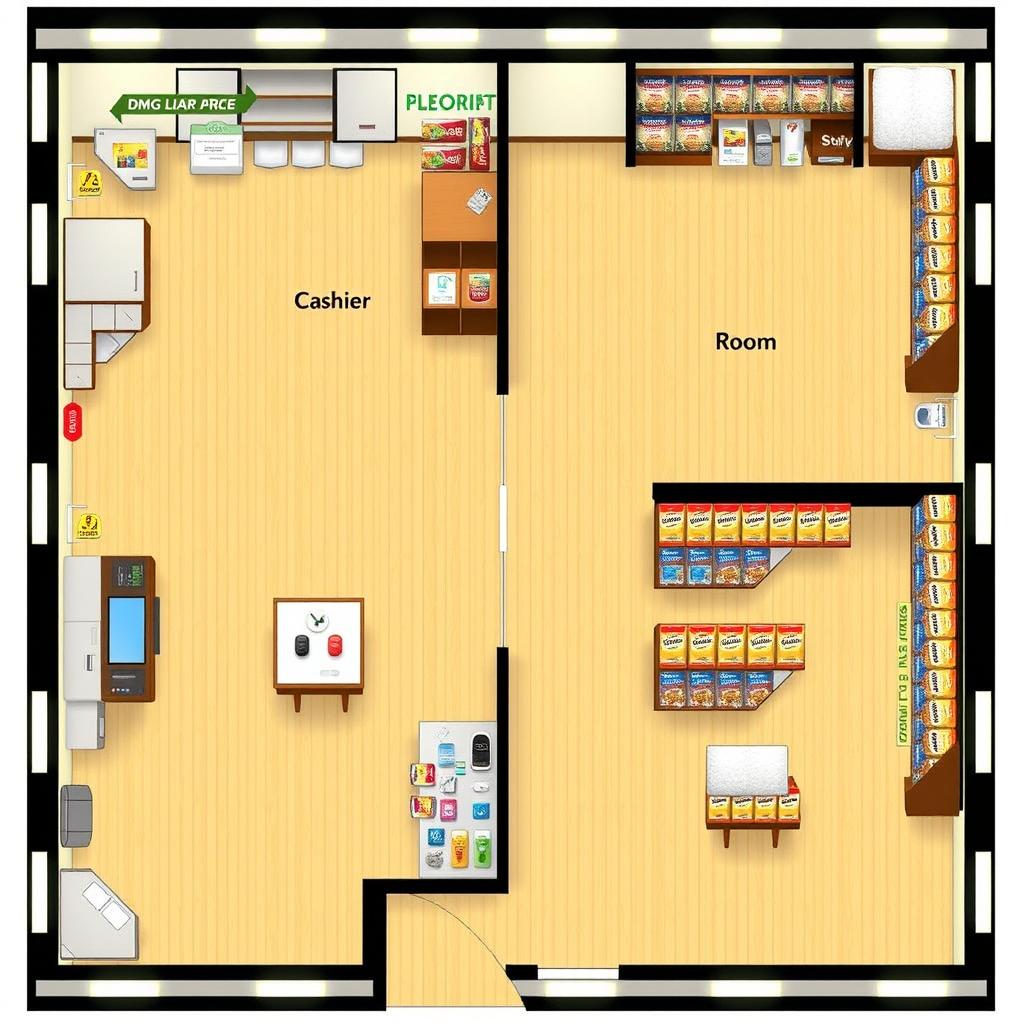 A detailed floor plan of a DMG Rice supply store, showcasing a layout that includes a cashier area and a stock room