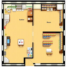 A detailed floor plan of a DMG Rice supply store, showcasing a layout that includes a cashier area and a stock room