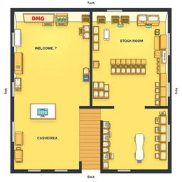 A detailed floor plan of a DMG Rice supply store, showcasing a layout that includes a cashier area and a stock room