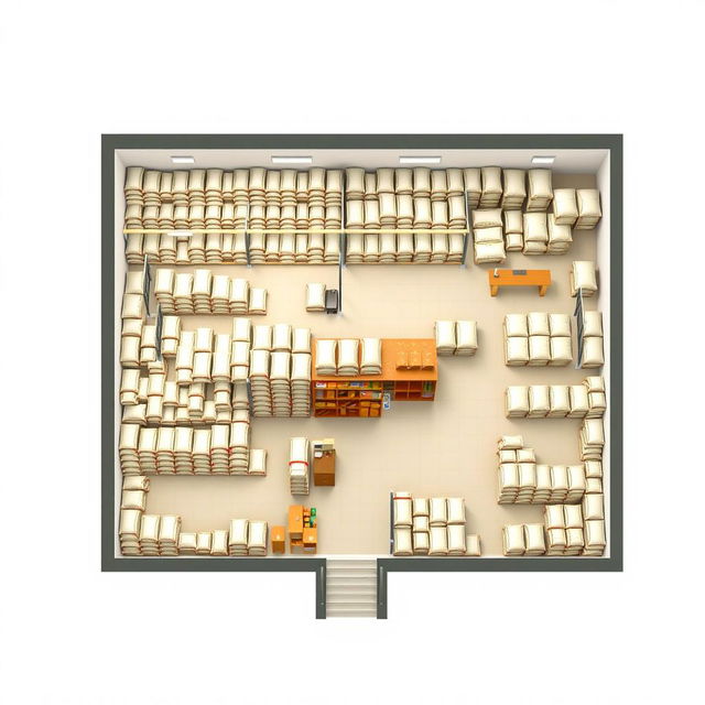 A comprehensive floor plan of a DMG Rice supply store, emphasizing a large stock room filled with neatly piled sacks of rice