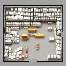 A comprehensive floor plan of a DMG Rice supply store, emphasizing a large stock room filled with neatly piled sacks of rice