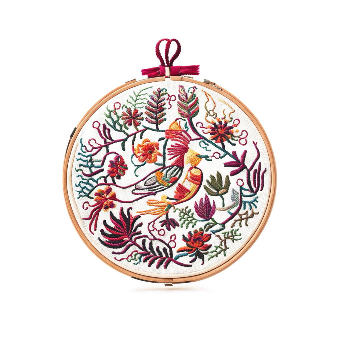 A high-definition image featuring another traditional Otomi embroidery on an embroidery hoop