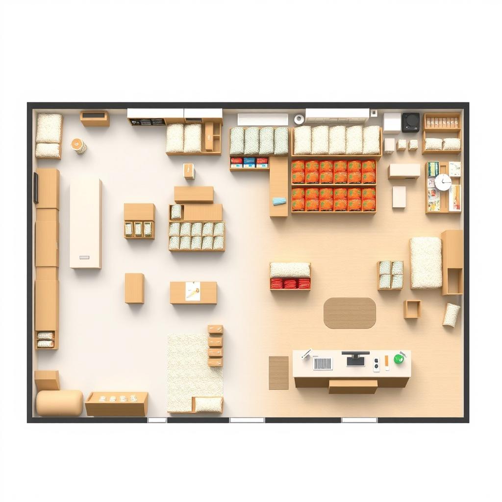 A detailed floor plan design for a large stock room and cashier area in a rice supply store