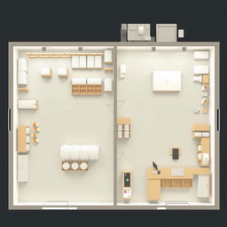 A detailed floor plan design for a large stock room and cashier area in a rice supply store