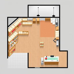 A detailed floor plan design for a large stock room and cashier area in a rice supply store