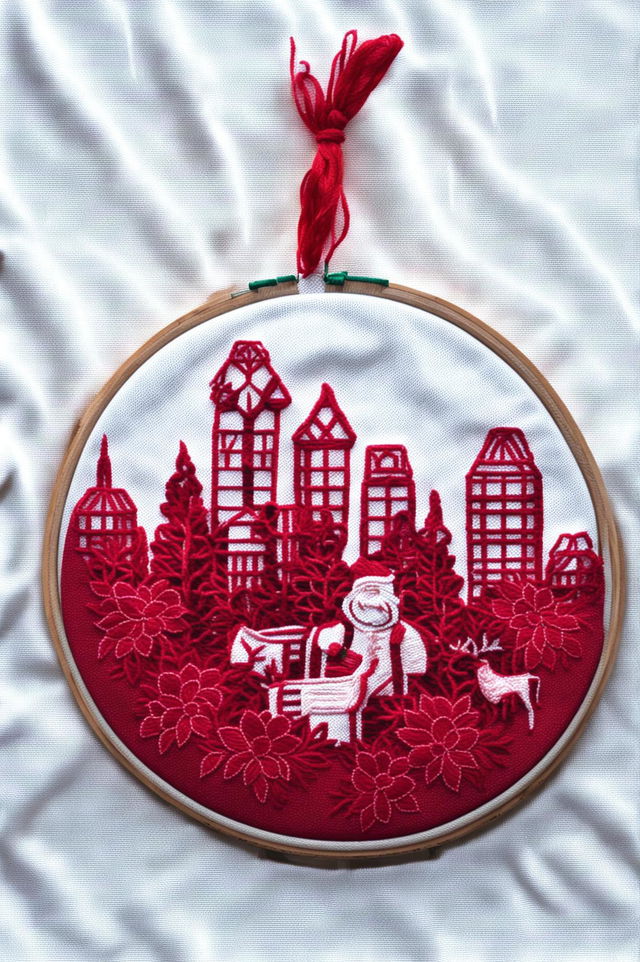 This digital art showcases a Christmas-themed embroidery hoop, featuring classic Christmas motifs stitched in various shades of red