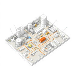 A detailed perspective view of the DMG rice supply floor plan, illustrating various sections including storage areas, loading docks, and processing zones