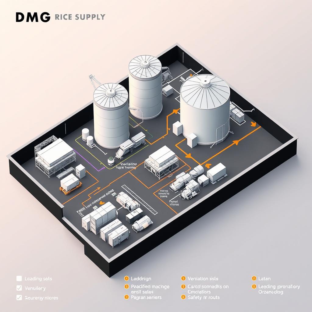 A detailed perspective view of the DMG rice supply floor plan, illustrating various sections including storage areas, loading docks, and processing zones