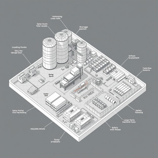 A detailed perspective view of the DMG rice supply floor plan, illustrating various sections including storage areas, loading docks, and processing zones