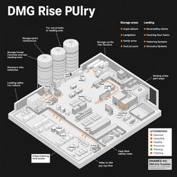 A detailed perspective view of the DMG rice supply floor plan, illustrating various sections including storage areas, loading docks, and processing zones