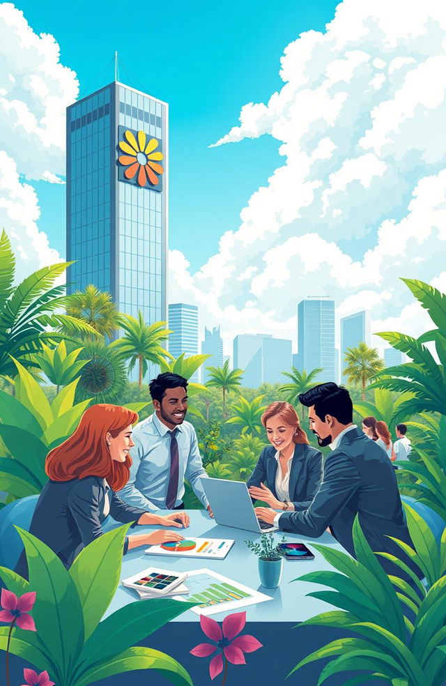 A visually striking and engaging illustration depicting a thriving business landscape