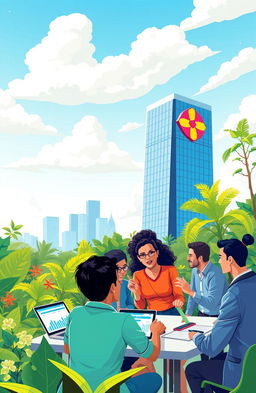 A visually striking and engaging illustration depicting a thriving business landscape
