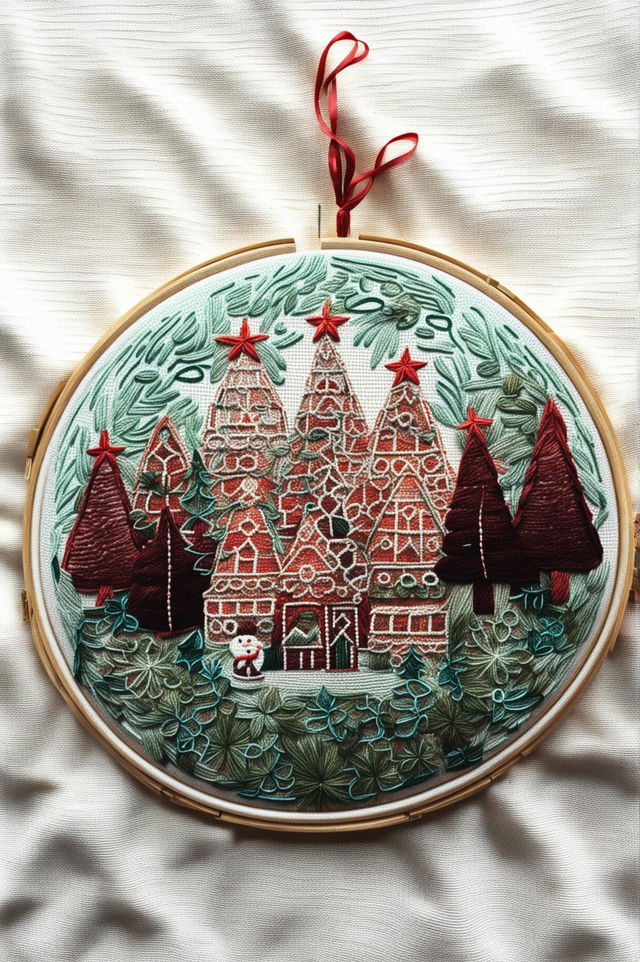 This digital art features a Christmas-themed embroidery hoop, showcasing a detailed scene of a Christmas tree, Santa Claus, and a reindeer